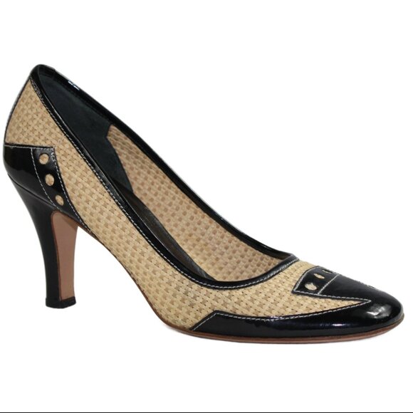 Prada Black Patent Woven Tan Raffia Distinct Toe Cap Pumps, Size 36.5 (US 6.5) - Picture 3 of 8